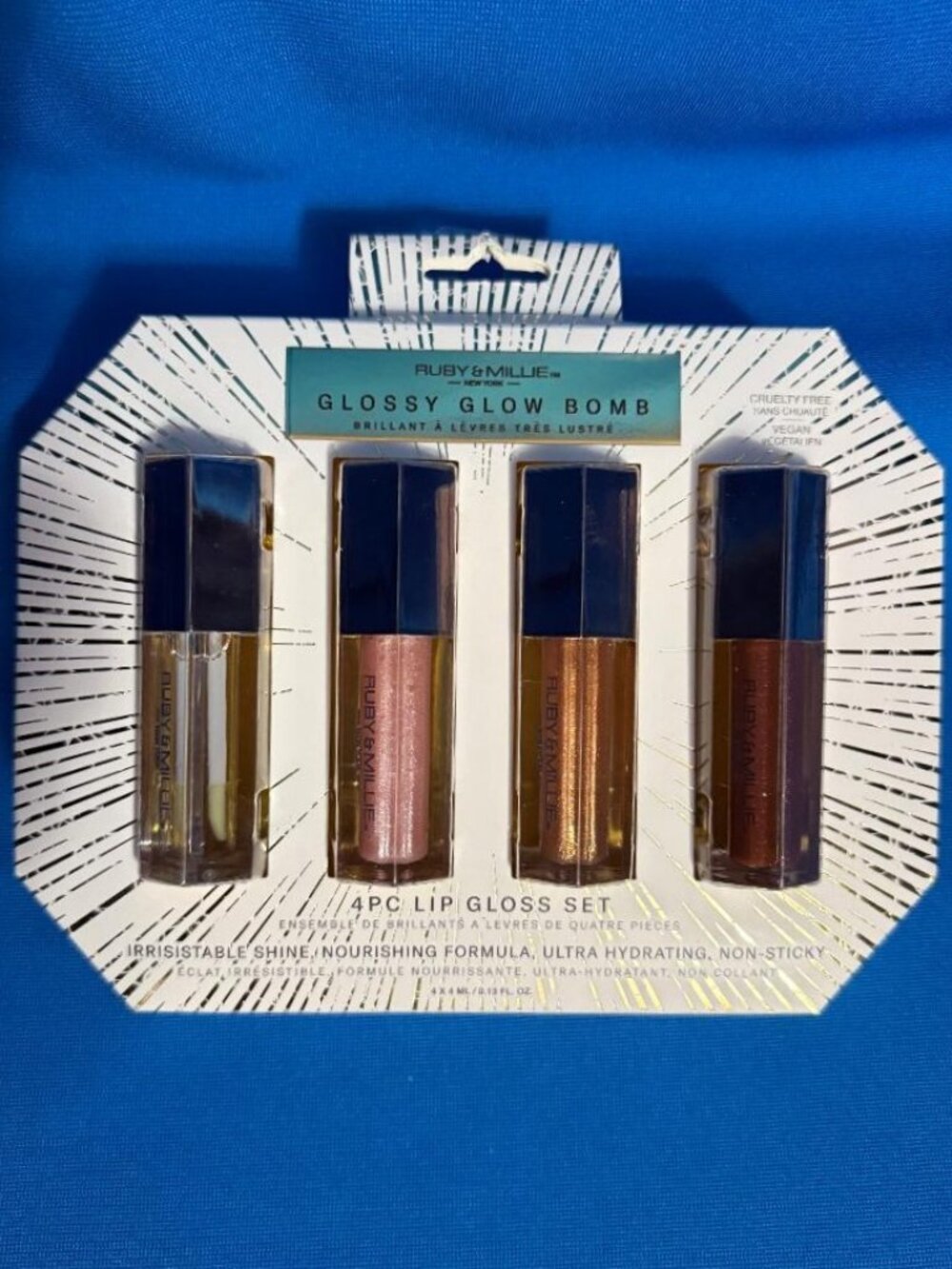 NEW RUBY & MILLIE NEW YORK 4 PK GLOSSY GLOW BOMB NOURISHING SHINE LIP GLOSS SET